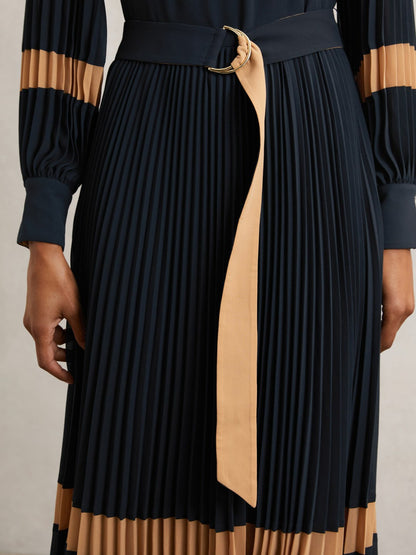 Reiss Colour-Block Pleated Midi Dress in Navy/Camel