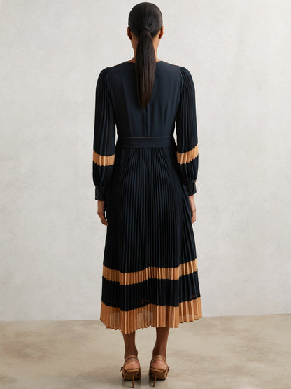 Reiss Colour-Block Pleated Midi Dress in Navy/Camel