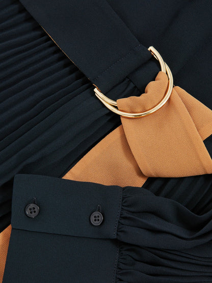 Reiss Colour-Block Pleated Midi Dress in Navy/Camel