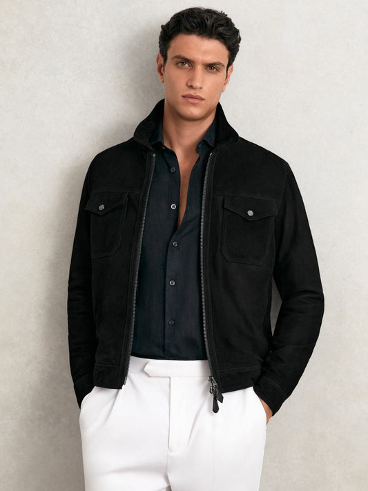 Reiss Best Seller - Suede Zip Through Jacket in Black