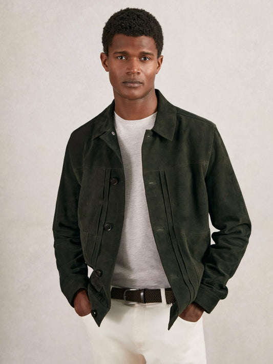 Reiss Popular Choice - Suede Worker Jacket in Dark Green