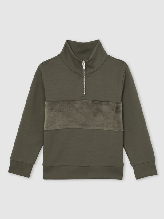 Reiss Offer - 13-14 yrs Slim Fit Half-Zip Funnel Neck Velour Sweatshirt in Dark Sage Green