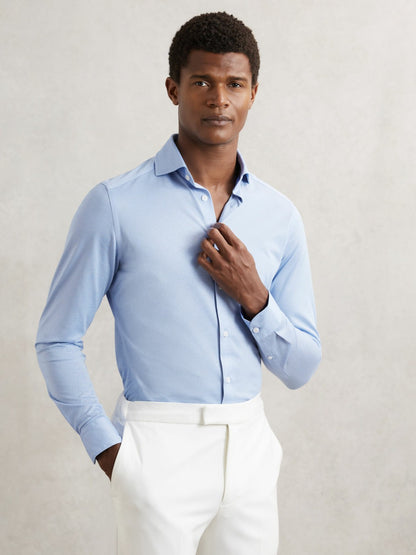 Reiss Offer - Cotton-Blend Jersey Cutaway-Collar Shirt in Soft Blue