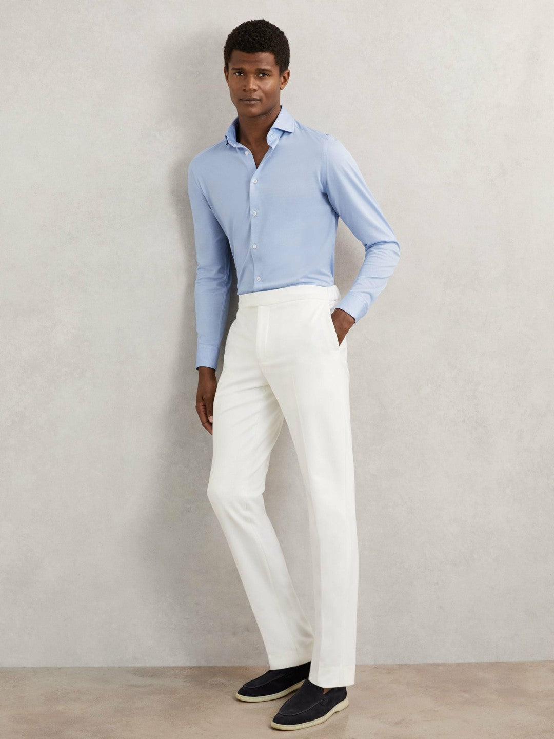 Reiss Offer - Cotton-Blend Jersey Cutaway-Collar Shirt in Soft Blue