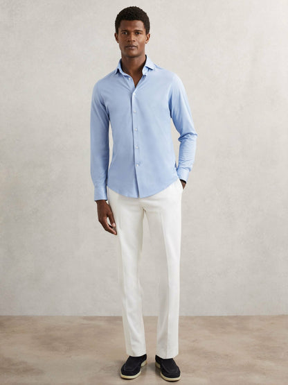 Reiss Offer - Cotton-Blend Jersey Cutaway-Collar Shirt in Soft Blue