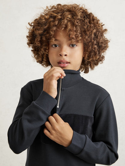 Reiss Featured - 13-14 yrs Slim Fit Half-Zip Funnel Neck Velour Sweatshirt in Navy Blue