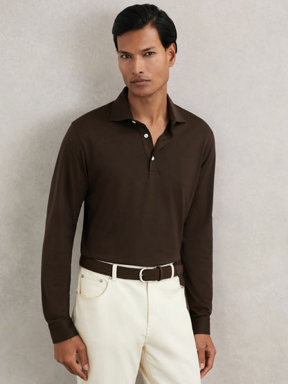 Reiss Featured - Cotton-Jersey Long Sleeve Polo Shirt in Brown