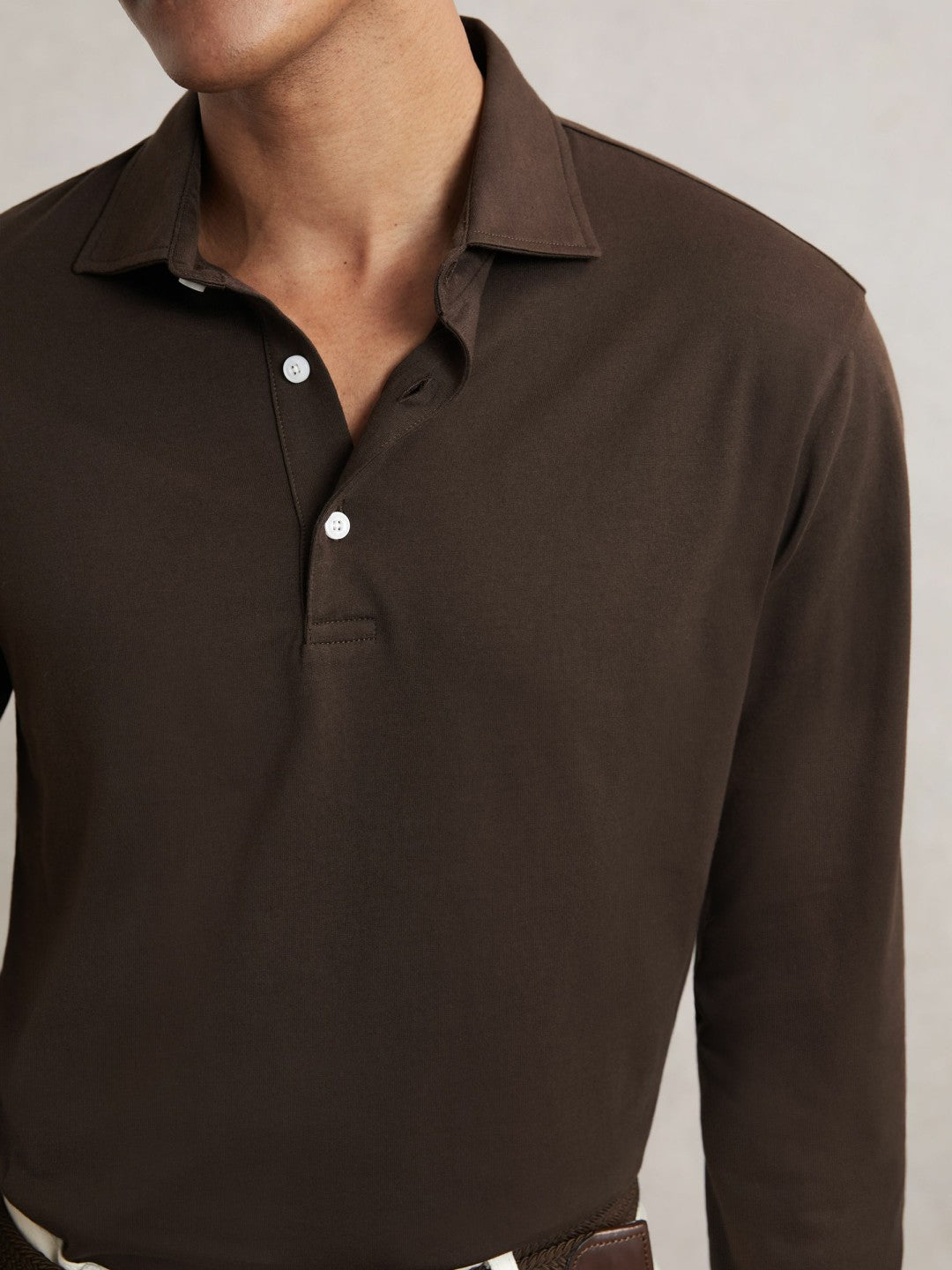 Reiss Featured - Cotton-Jersey Long Sleeve Polo Shirt in Brown