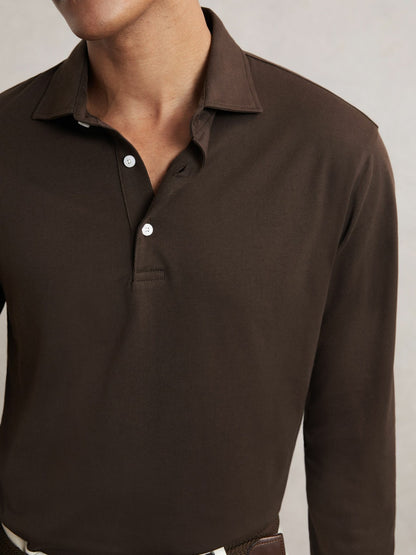 Reiss Featured - Cotton-Jersey Long Sleeve Polo Shirt in Brown