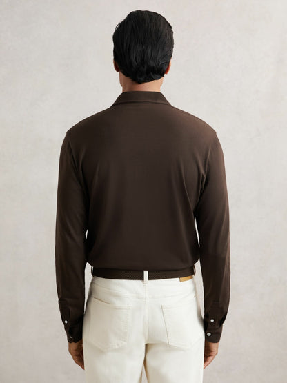 Reiss Featured - Cotton-Jersey Long Sleeve Polo Shirt in Brown