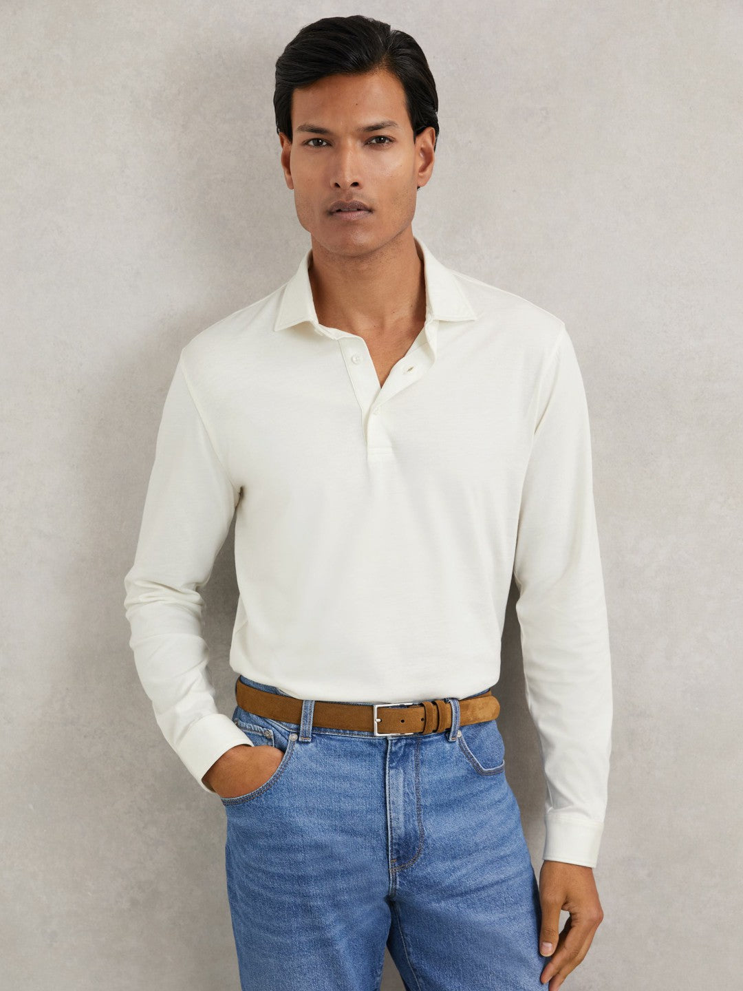 Reiss Sale - Cotton-Jersey Long Sleeve Polo Shirt in White