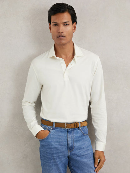 Reiss Sale - Cotton-Jersey Long Sleeve Polo Shirt in White