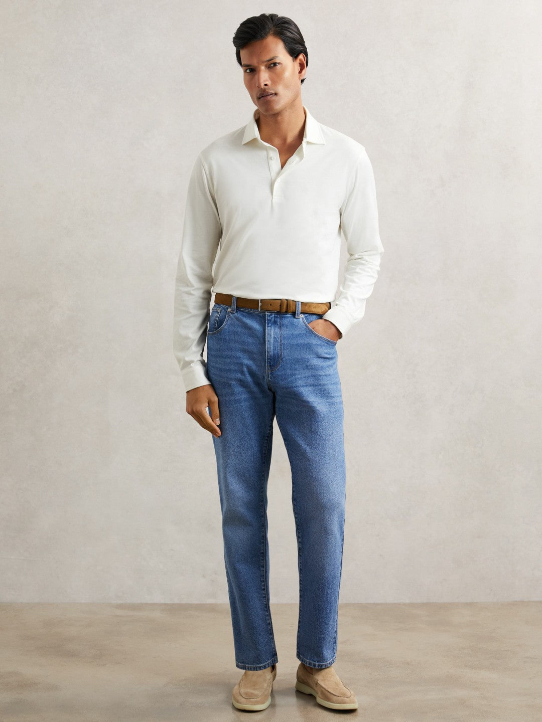 Reiss Sale - Cotton-Jersey Long Sleeve Polo Shirt in White