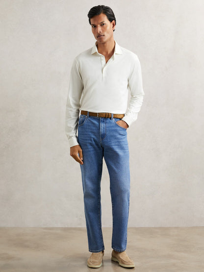 Reiss Sale - Cotton-Jersey Long Sleeve Polo Shirt in White