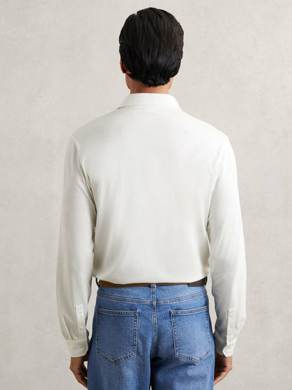 Reiss Sale - Cotton-Jersey Long Sleeve Polo Shirt in White
