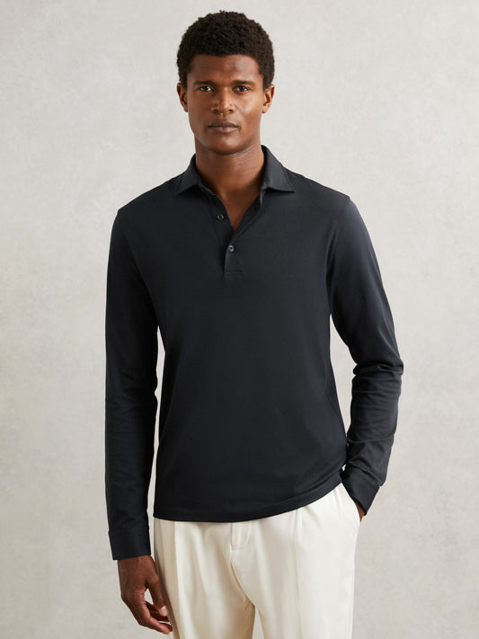 Reiss Featured - Cotton-Jersey Long Sleeve Polo Shirt in Navy