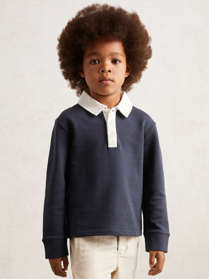 Reiss Affordable - Cotton Half-Button Rugby Polo Shirt in Navy/White