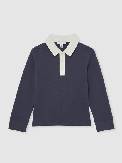 Reiss Affordable - Cotton Half-Button Rugby Polo Shirt in Navy/White