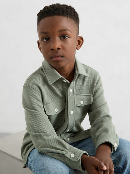 Reiss 3-9 yrs Waffle-Textured Twin-Pocket Overshirt in Sage