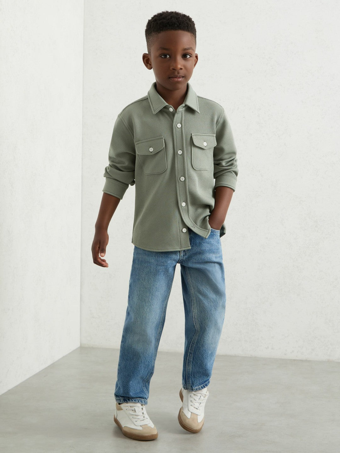 Reiss 3-9 yrs Waffle-Textured Twin-Pocket Overshirt in Sage
