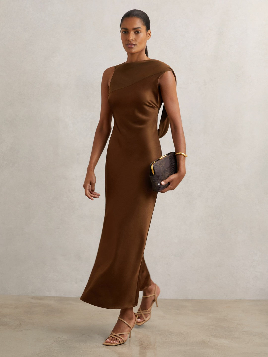 Reiss Back Detail Midi Dress in Bronze