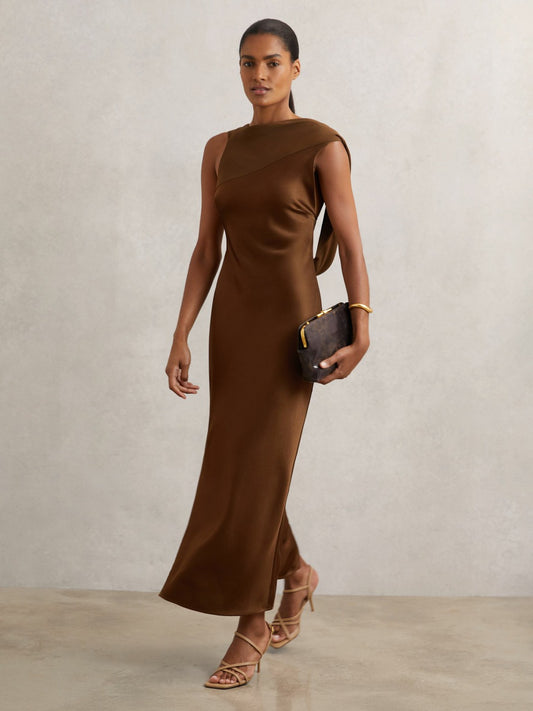 Reiss Back Detail Midi Dress in Bronze