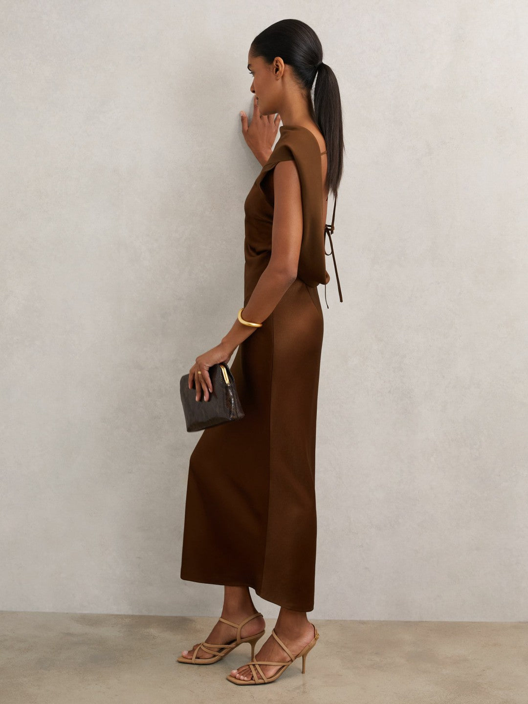 Reiss Back Detail Midi Dress in Bronze