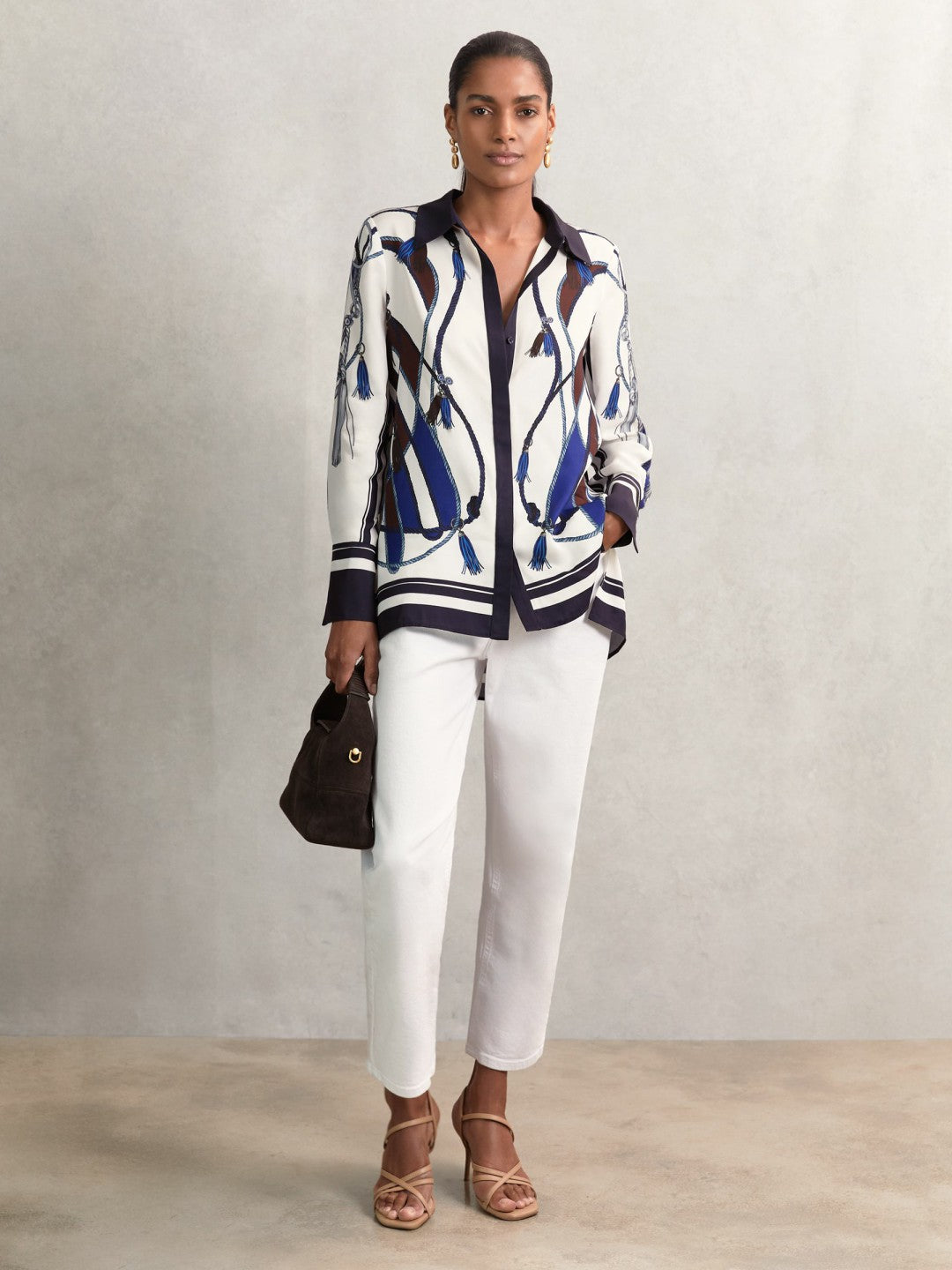 Reiss Scarf Print Colourblock Shirt in Navy