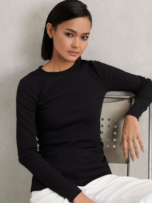 Reiss Cotton Long-Sleeve Ruched T-Shirt with Stretch in Black