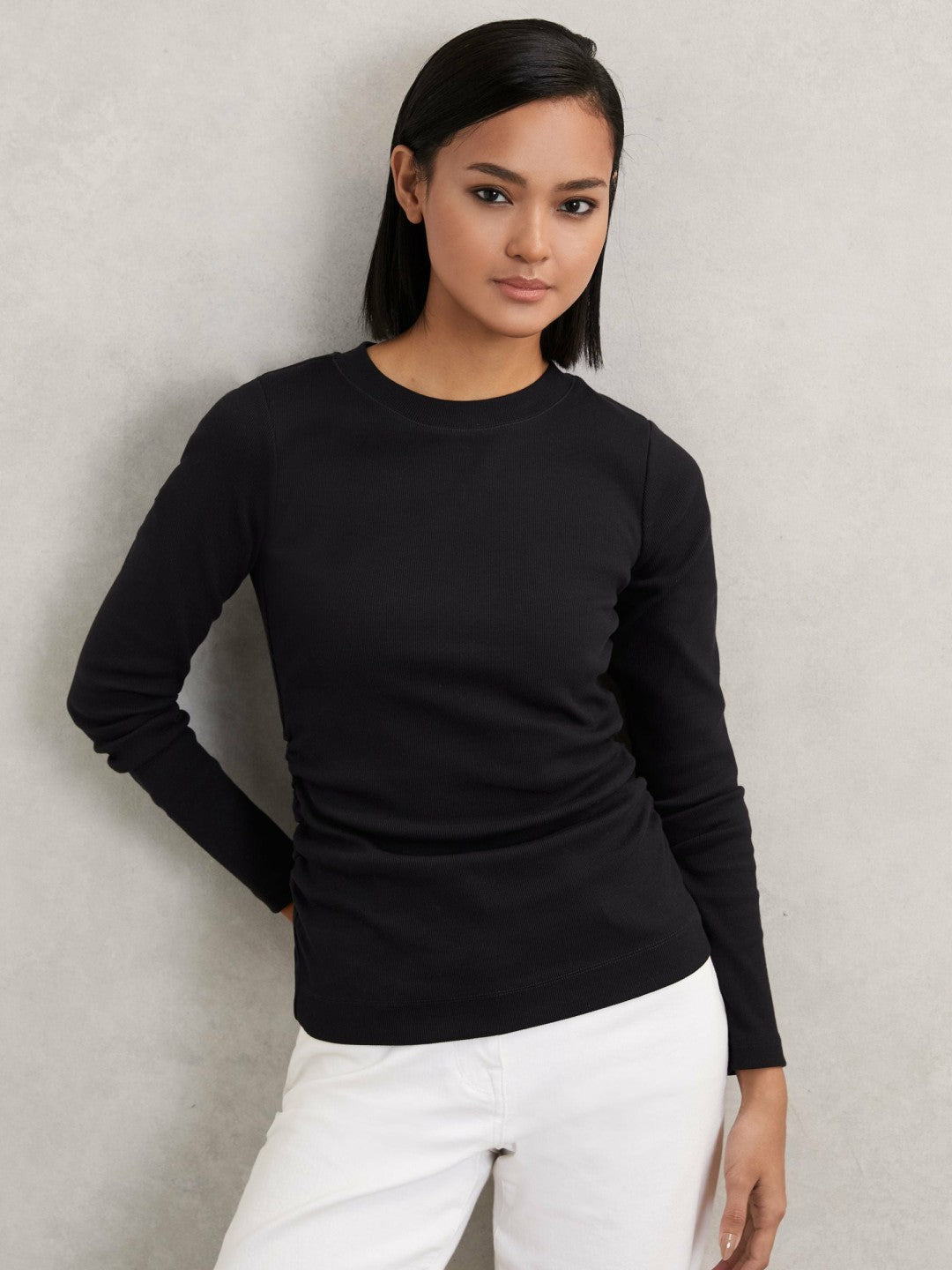 Reiss Cotton Long-Sleeve Ruched T-Shirt with Stretch in Black
