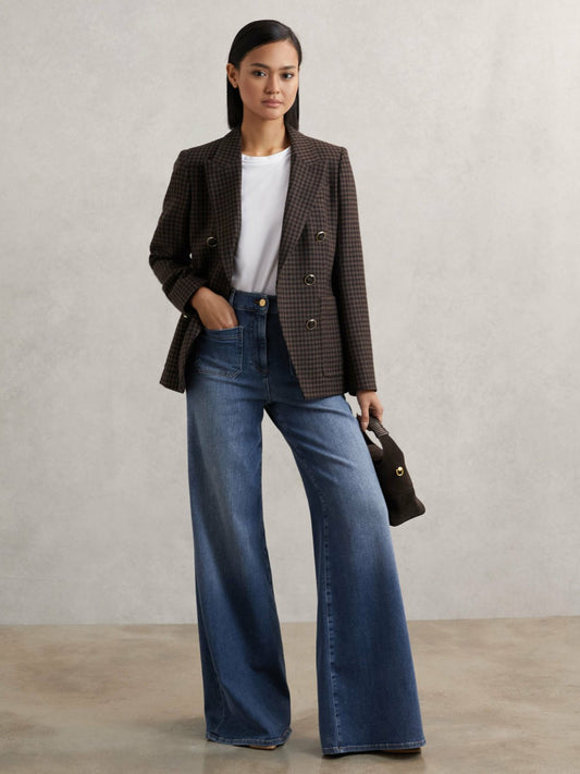 Reiss Savings - Petite Patch Pocket Wide Leg Jeans in Mid Blue