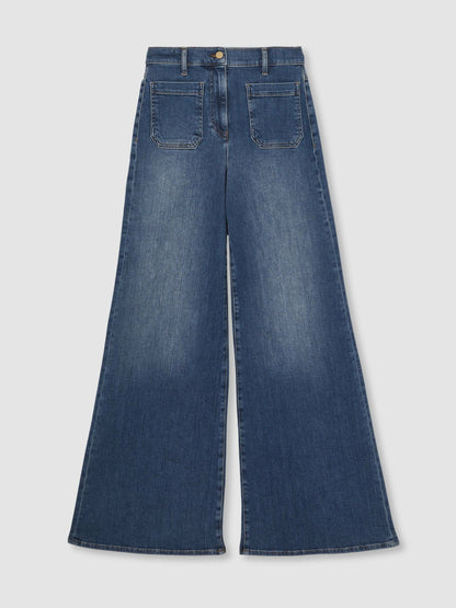 Reiss Savings - Petite Patch Pocket Wide Leg Jeans in Mid Blue
