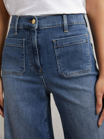 Reiss Savings - Petite Patch Pocket Wide Leg Jeans in Mid Blue