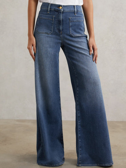 Reiss Savings - Petite Patch Pocket Wide Leg Jeans in Mid Blue