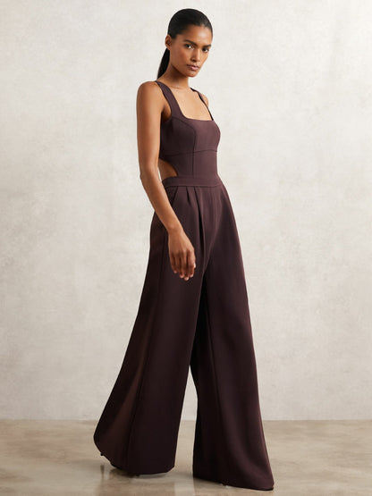 Reiss Wide-Leg Cut-Out Jumpsuit in Burgundy