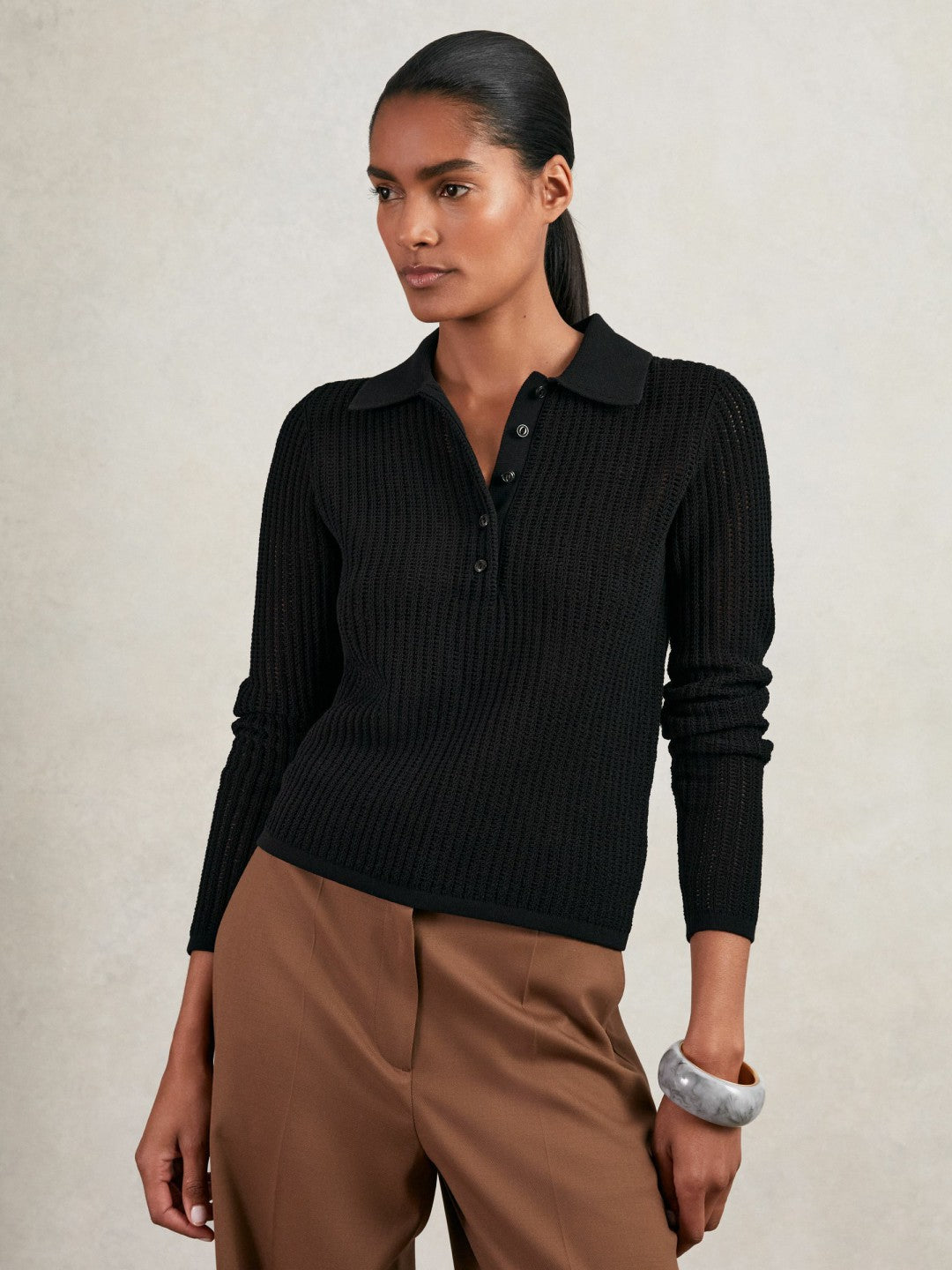 Reiss Value - Open-Knit Long-Sleeve Polo Top in Black