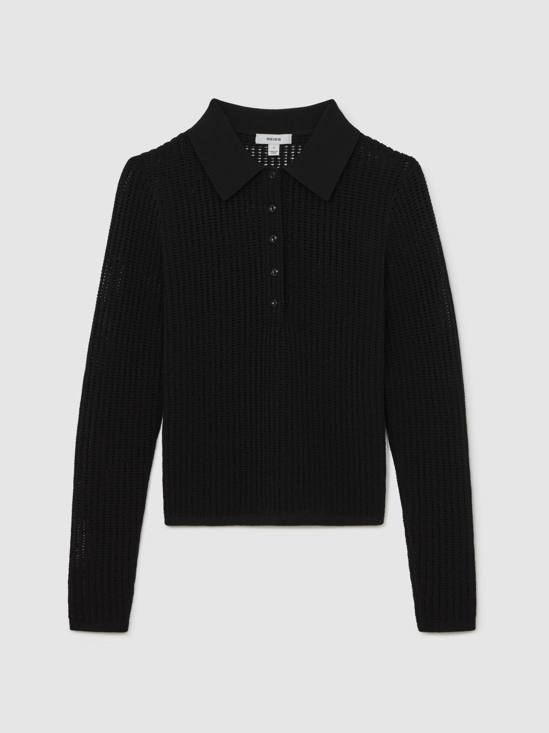 Reiss Value - Open-Knit Long-Sleeve Polo Top in Black