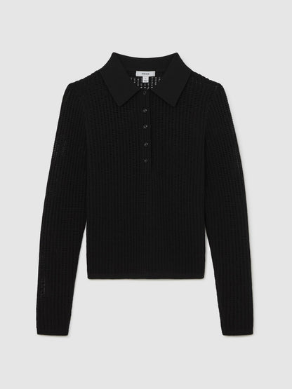 Reiss Value - Open-Knit Long-Sleeve Polo Top in Black