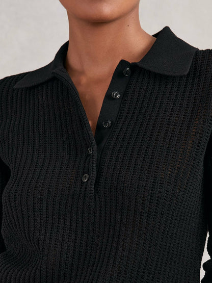 Reiss Value - Open-Knit Long-Sleeve Polo Top in Black
