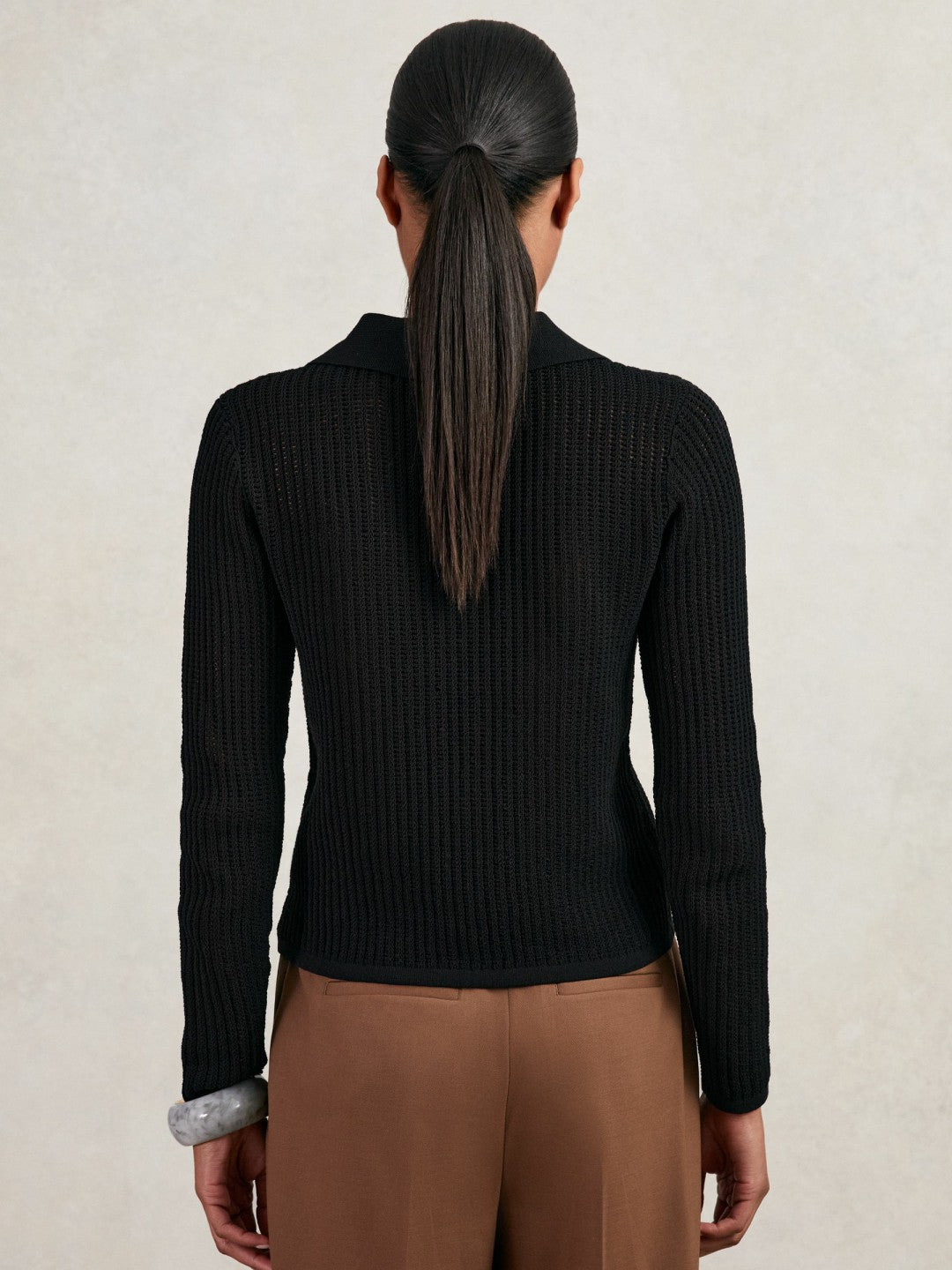 Reiss Value - Open-Knit Long-Sleeve Polo Top in Black