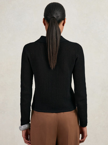 Reiss Value - Open-Knit Long-Sleeve Polo Top in Black