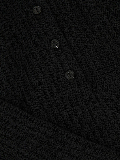 Reiss Value - Open-Knit Long-Sleeve Polo Top in Black