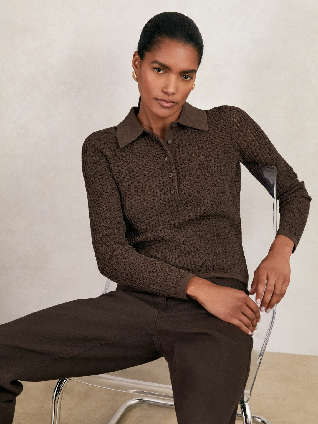 Reiss Value - Open-Knit Long-Sleeve Polo Top in Chocolate Brown