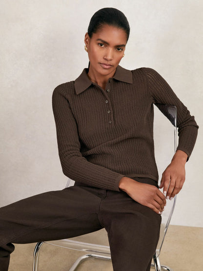 Reiss Value - Open-Knit Long-Sleeve Polo Top in Chocolate Brown