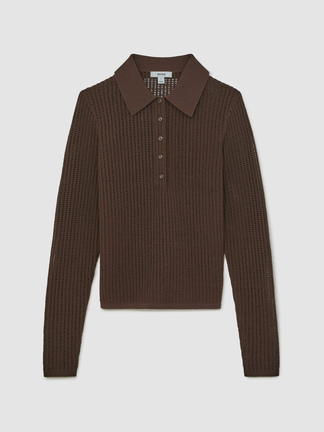 Reiss Value - Open-Knit Long-Sleeve Polo Top in Chocolate Brown
