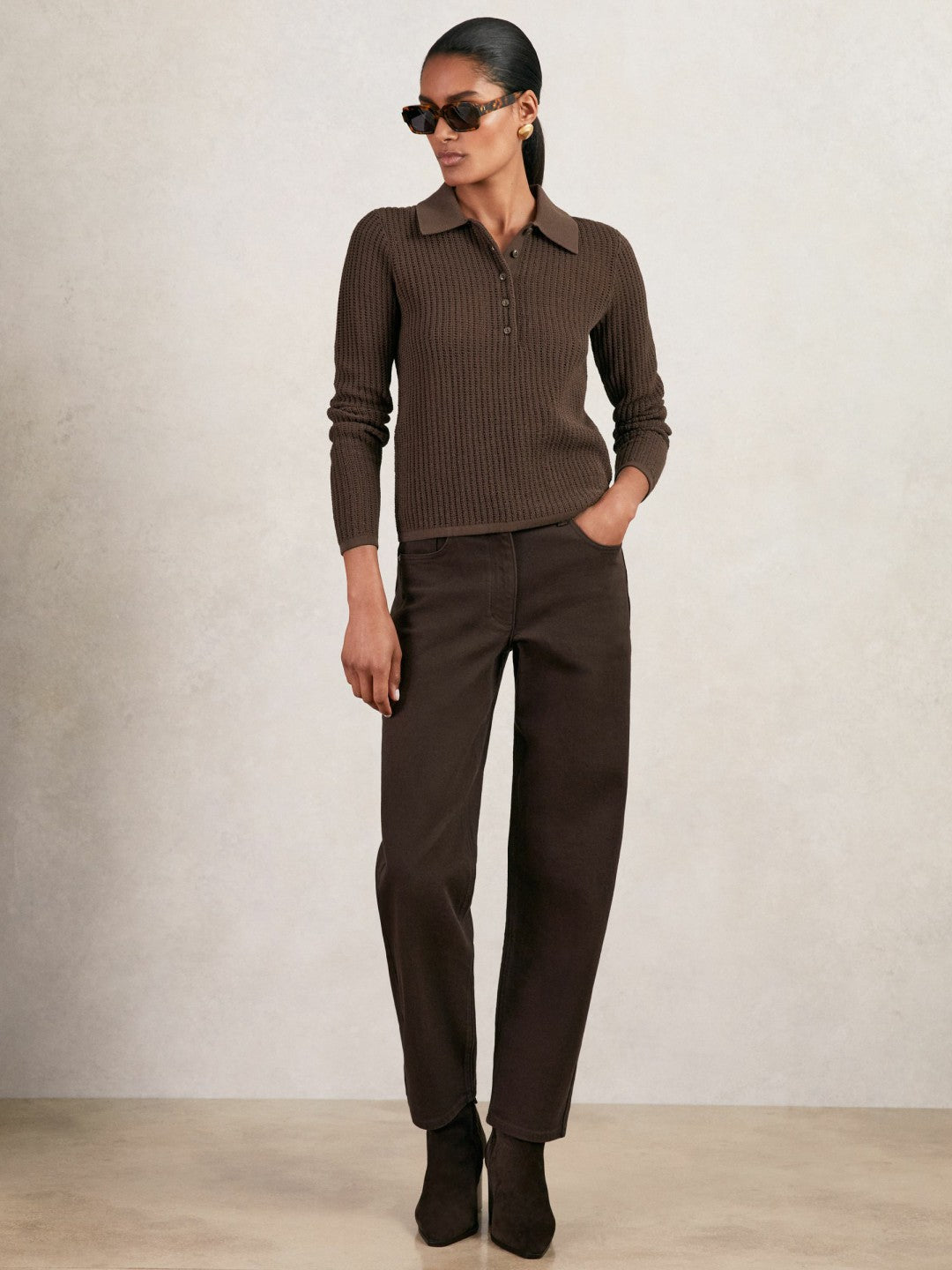 Reiss Value - Open-Knit Long-Sleeve Polo Top in Chocolate Brown