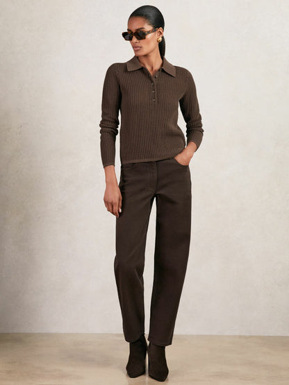 Reiss Value - Open-Knit Long-Sleeve Polo Top in Chocolate Brown