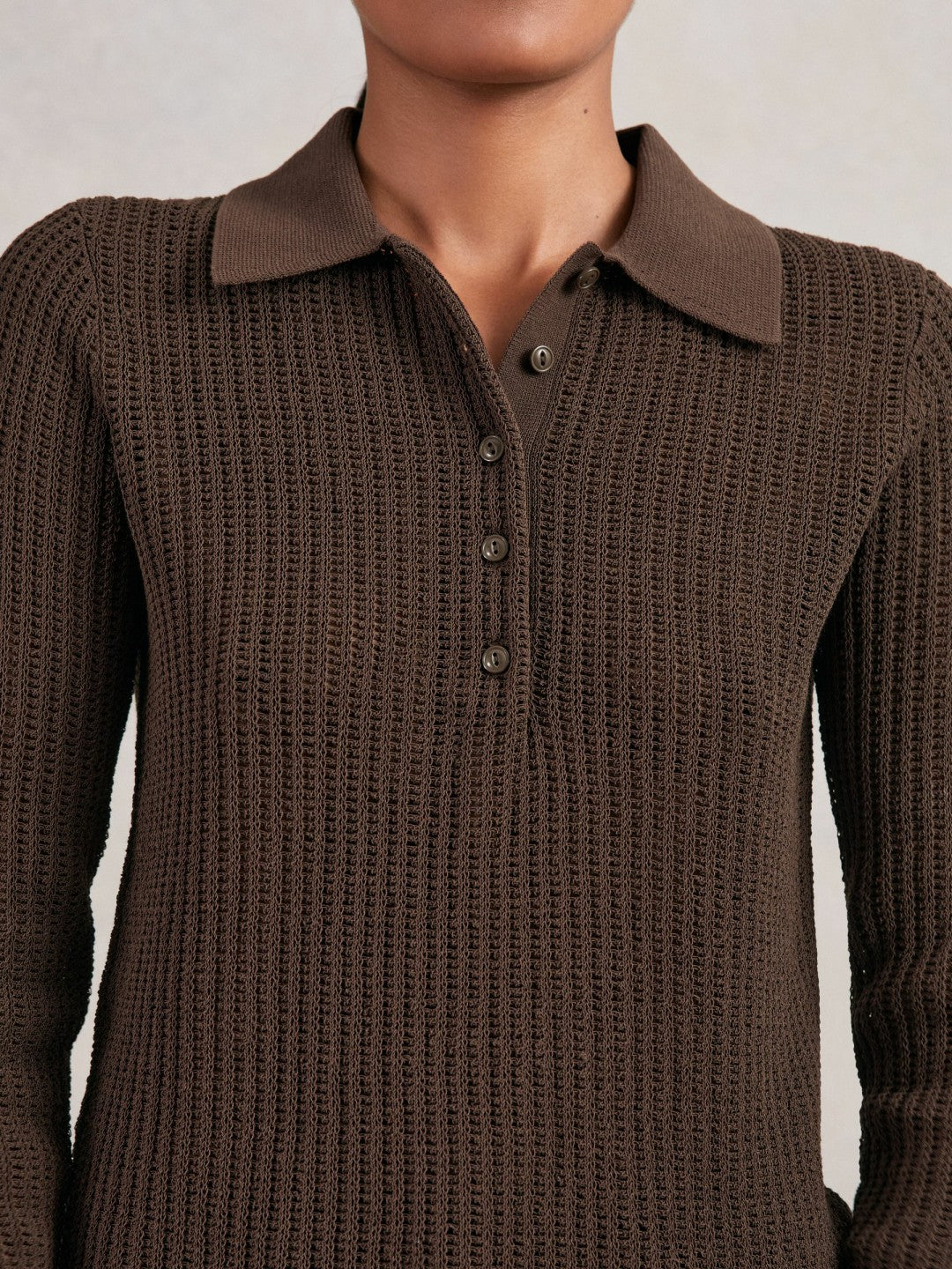 Reiss Value - Open-Knit Long-Sleeve Polo Top in Chocolate Brown
