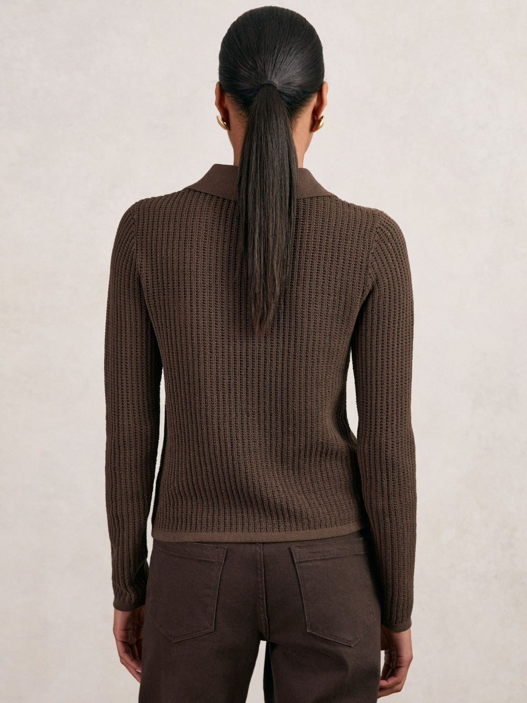 Reiss Value - Open-Knit Long-Sleeve Polo Top in Chocolate Brown