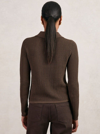 Reiss Value - Open-Knit Long-Sleeve Polo Top in Chocolate Brown